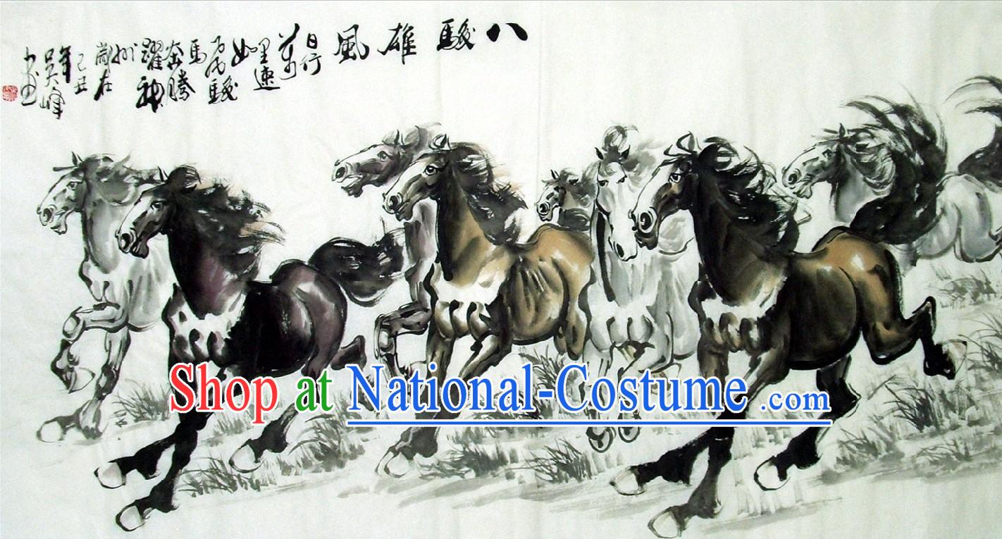 Chinese Galloping Horse Ink Paintings by Lin Mingqing