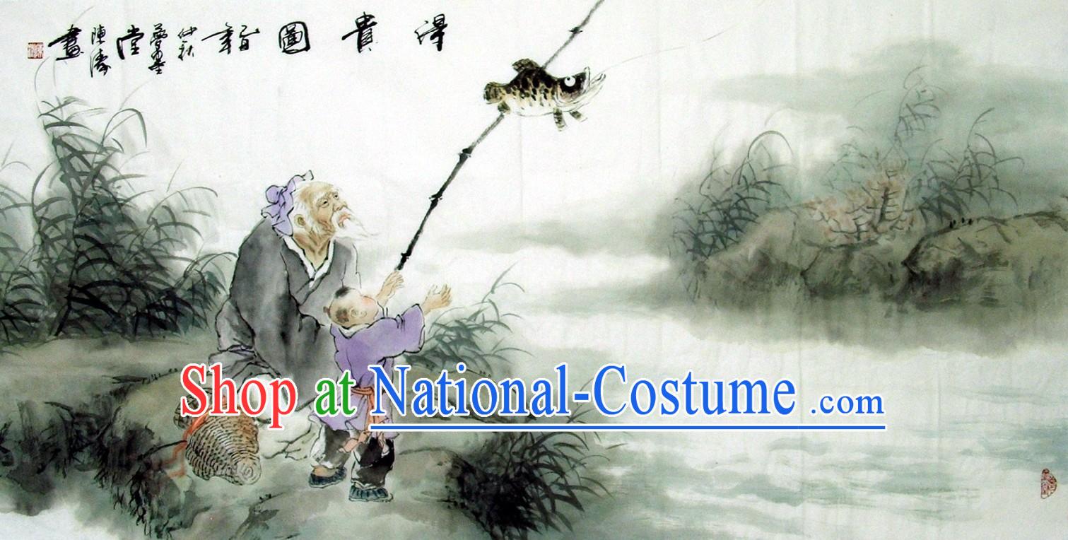 Traditional Chinese Painting - Grandfather Fishing by Chen Tao