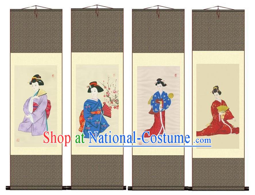 Chinese Silk Geisha Paintings 4 Sets