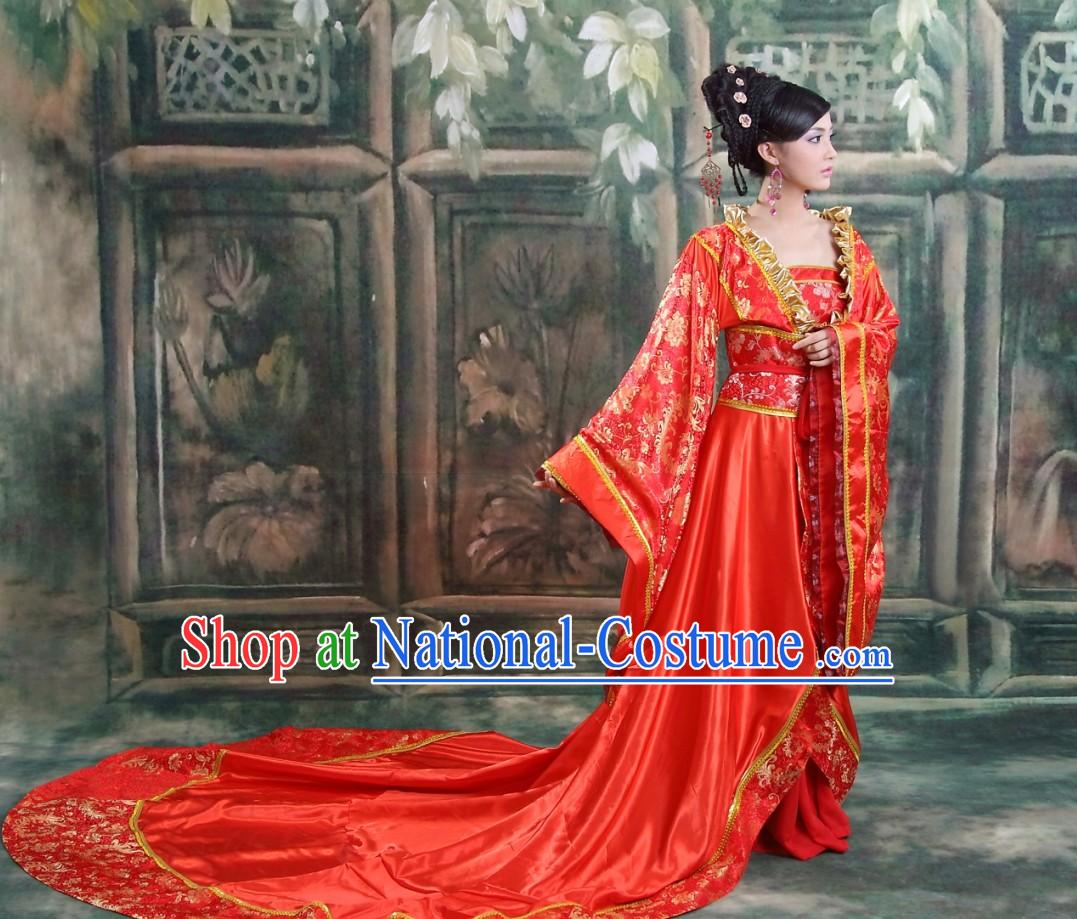 Ancient Chinese Long Tail Wedding Dress and Hair Accessories Complete Set