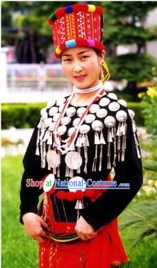 Chinese Jingpo Minority Traditional Dress and Hat Complete Set for Women