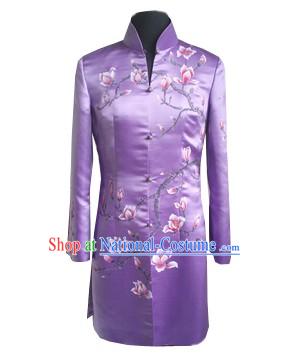 Traditional Hands Embroidered Magnolia Silk Long Coat