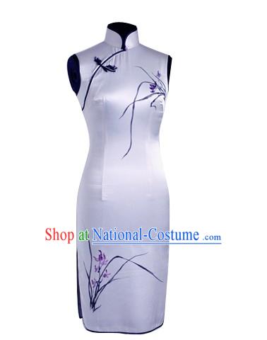 Traditional Mandarin Handmade and Painted Orchid Silk Cheongsam