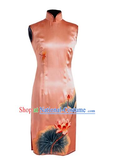 Traditional Mandarin Handmade and Painted Lotus and Dragonfly Silk Cheongsam