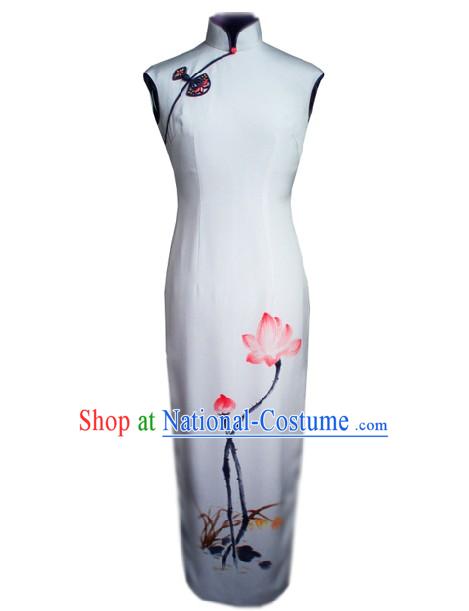 Traditional Handmade and Painted Summer Lotus Long Silk Cheongsam