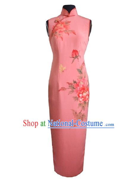 Traditional Handmade and Painted Large Peony Long Silk Cheongsam