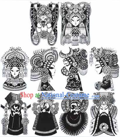 Large Chinese Traditional Handmade Opera Mask Papercut _10 pieces black and white set_