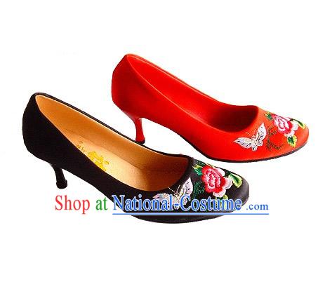 Chinese Classical Handmade and Embroidered Butterfly Love Flower High Heel Wedding Shoes _red_