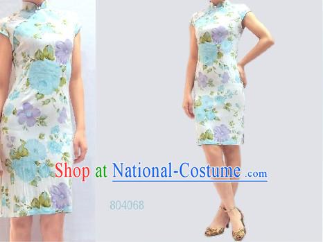 Chinese Classical White Floral Cotton Cheongsam _Qipao_