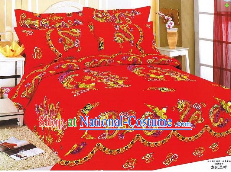 Chinese Stunning Cotton Wedding Bed Sheet Set_Four Pieces_- Dragons