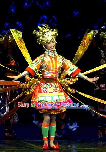 Chinese Traditional Minority Dance Costumes and Silver Crown Complete Set