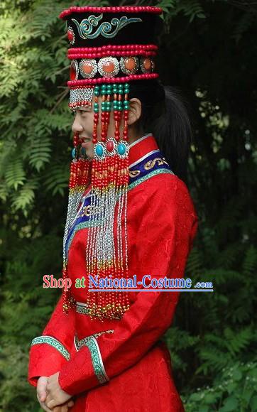 Chinese Classical Lucky Red Mongolian Wedding Dress and Hat for Bride