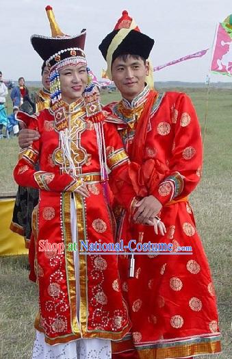 Mongolian Wedding Dress and Hat Complete Set for Bride and Bridegroom