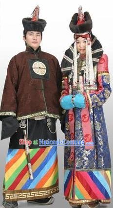 Traditional Chinese Minority Wedding Dress and Hat for Bride and Bridegroom