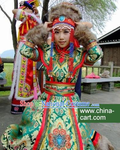 Chinese Traditional Mongolian Clothing and Hat Complete Set