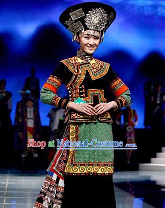 Chinese Traditional Yi Minority Ethnic Dance Costumes and Hat Complete Set