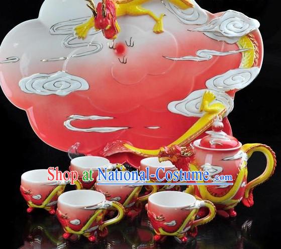 Chinese Ceramic Dragon Teapot 8 Pieces Set