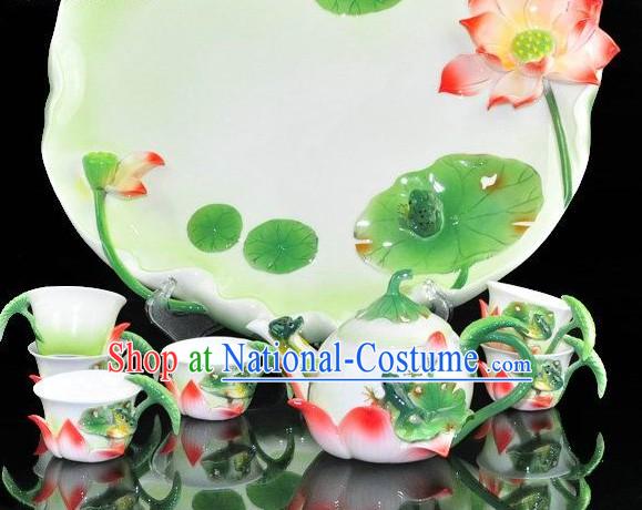 Chinese Classical Lotus and Frog Ceramic Tea Set