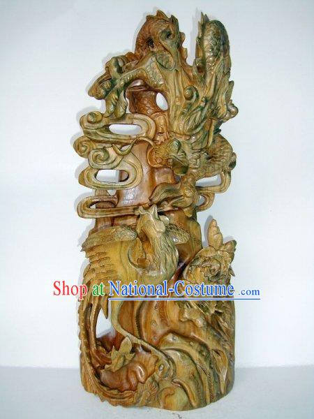 Supreme Handmade Wood Sculpture - Dragon and Phoenix