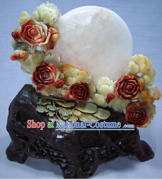 Natural Qingtian Jade Moon and Flower Sculpture