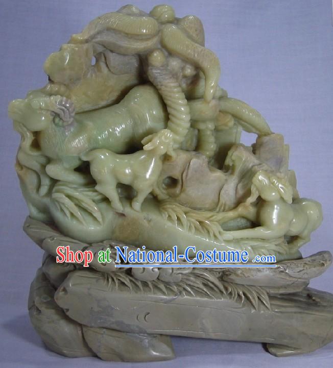Natural Qingtian Jade Three Goats Bring Luck Sculpture