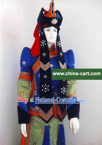 Traditional Mongolian Dance Costumes and Hat Complete Set