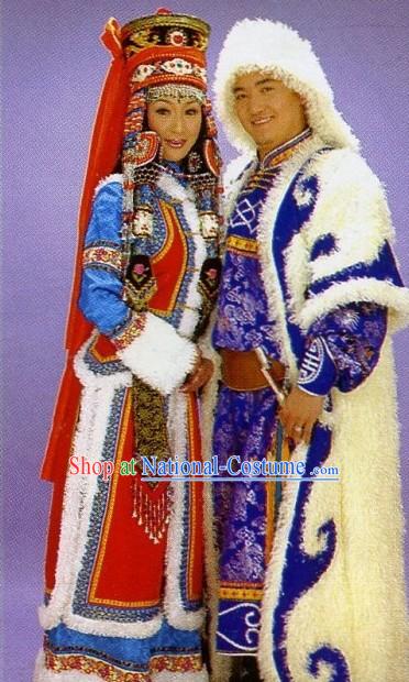 Chinese Traditional Mongolian Costume for Bride and Bridegroom