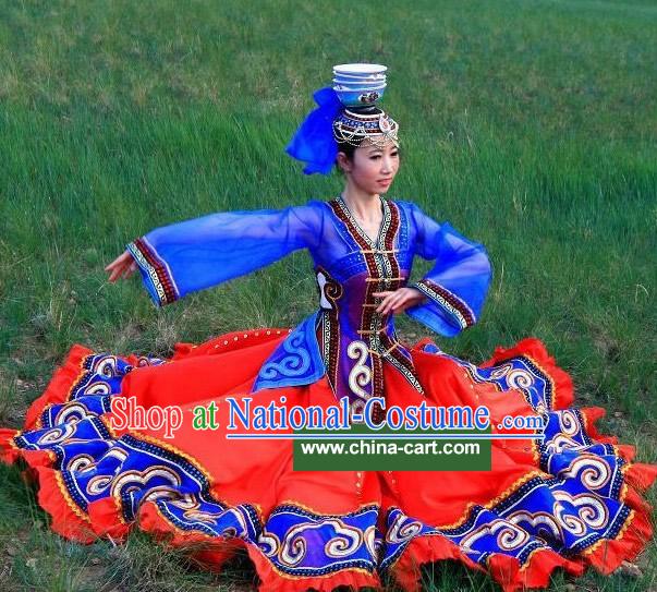 Chinese Traditional Mongolian Clothing and Hat Complete Set