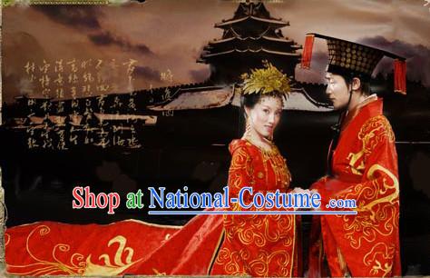 Supreme Chinese Traditional Embroidered Bride and Bridegroom Wedding Dress and Hat Complete 2 Sets