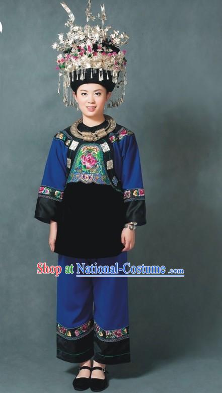 Miao Embroidery Traditional Clothes and Miao Silver Jewelry Complete Set