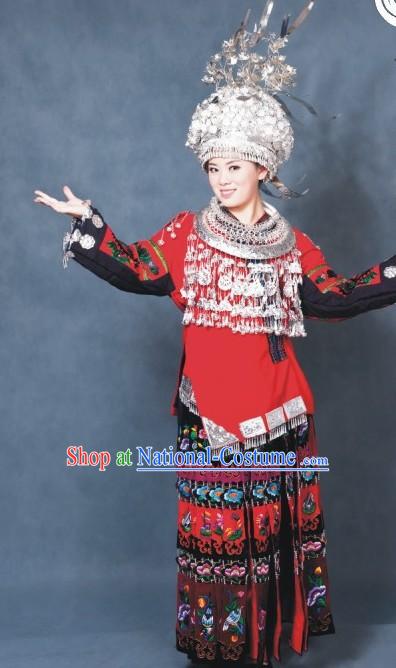 Chinese Miao Clothes and Silver Hat Set for Women