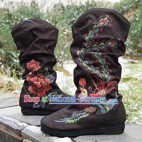 Traditional Embroidered Peony and Phoenix Black Boots