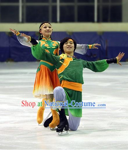 Chinese Mongolian Skating Dance Costume Complete 2 Sets for Men and Women