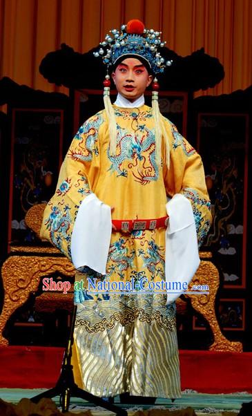 Chinese Traditional Opera Embroidered Emperor Dragon Clothing and Hat Set for Children