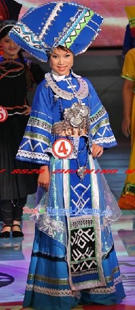 Chinese Traditional Zhuang Minority Dance Costumes and Hat for Women