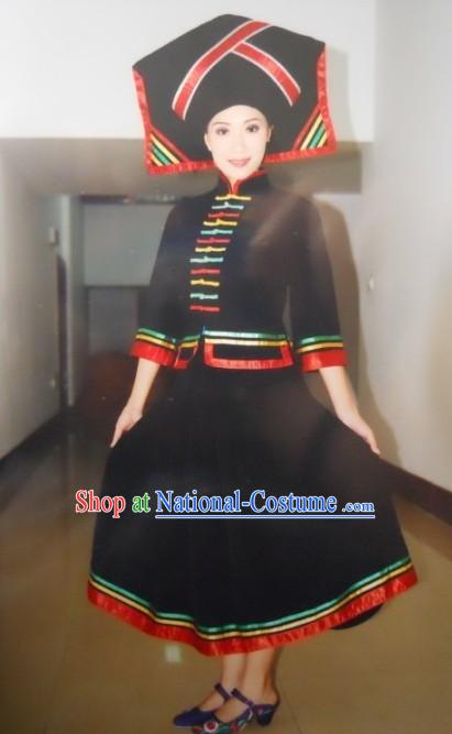 Chinese Traditional Zhuang Minority Clothing and Hat Complete Set