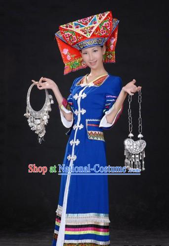 Chinese Traditional Minority Long Dress and Hat Complete Set