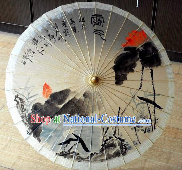 Chinese Traditional Oil Painting Lotus Display Umbrella