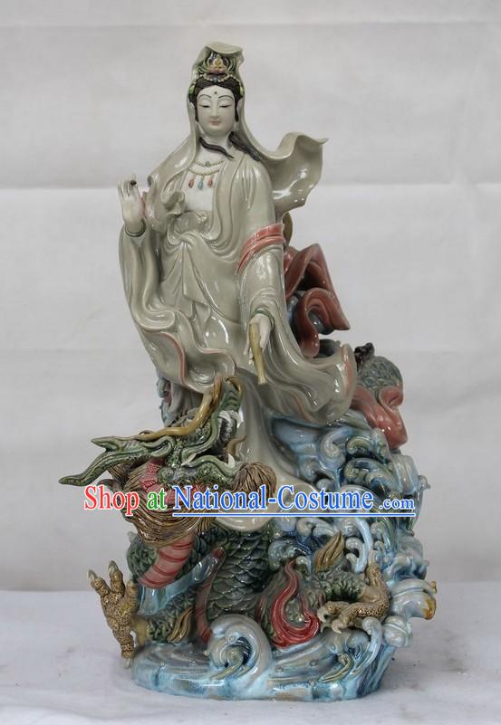 Guan Yin Ridding Dragon Shiwan Ceramics Figurine