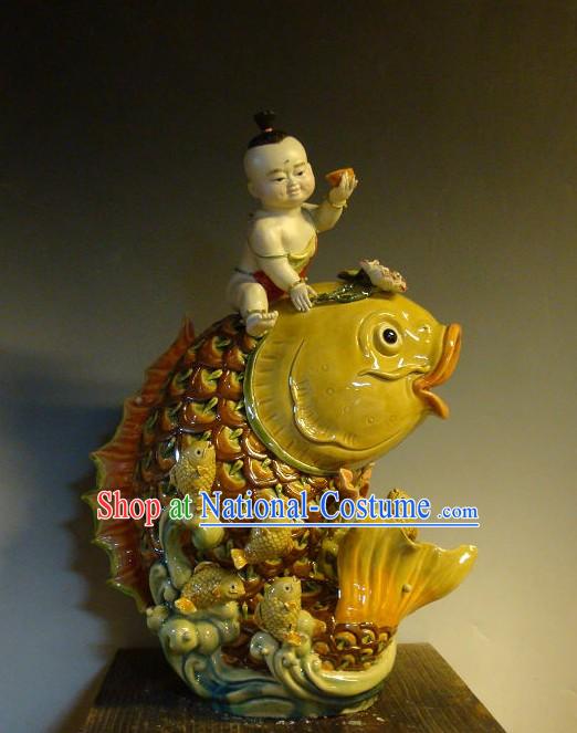 Feng Shui Carp and Boy Chinese Shiwan Ceramic Figurine