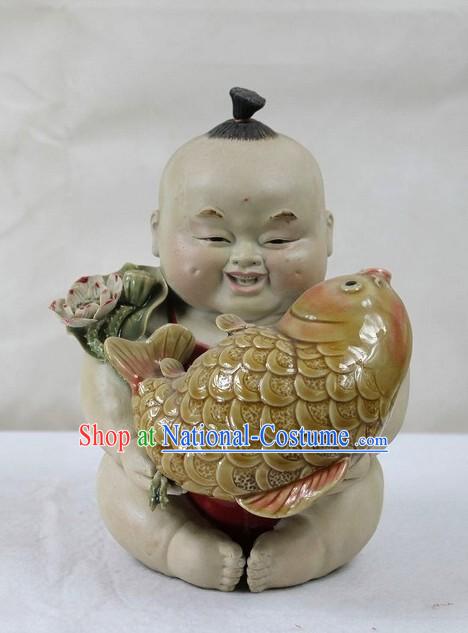 Feng Shui Fish and Chinese Baby Shiwan Ceramic Figurine