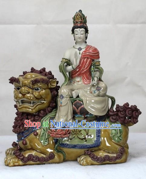 Lion and Buddha Chinese Shiwan Ceramic Figurine