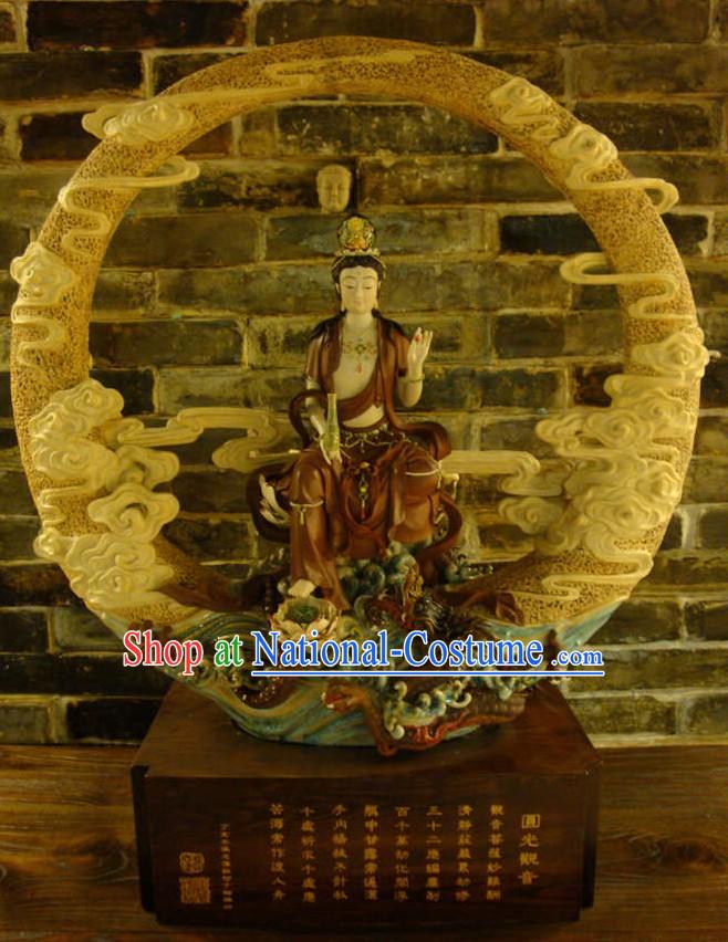 Guan Yin and Moon Shiwan Ceramic Figurine