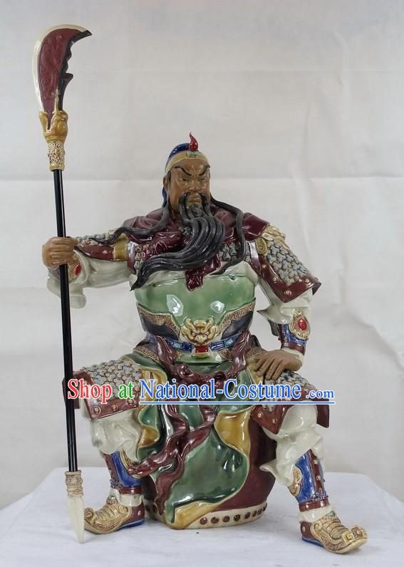 Guan Gong Sitting on Drum Shiwan Ceramic Figurine