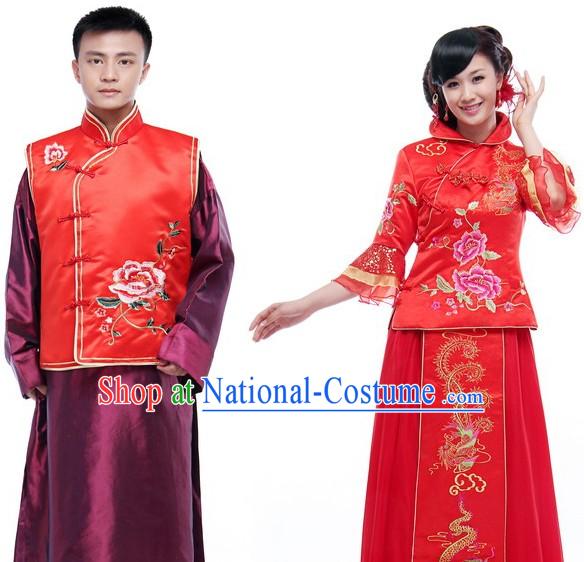 Traditional Chinese Mandarin Wedding Dress 2 Sets for Men and Women