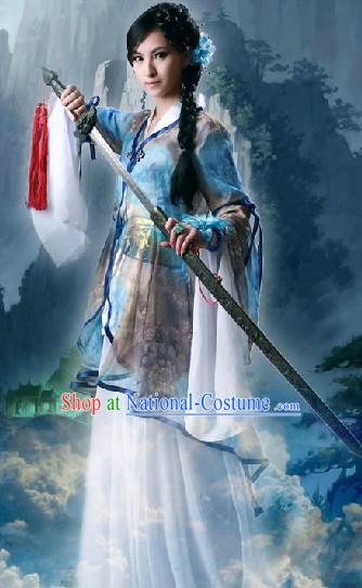 Ancient Chinese Swordswoman Costume and Hair Ornaments