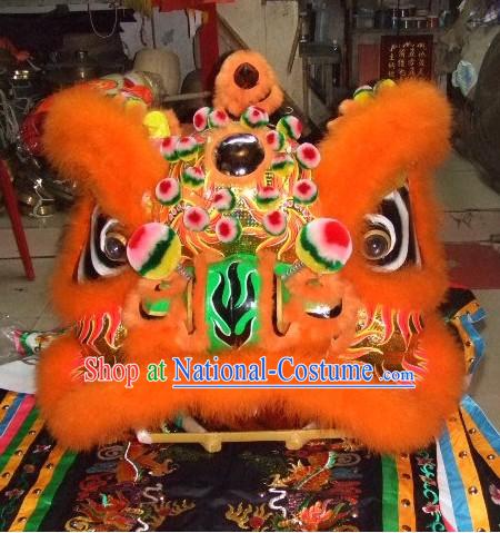 Luminous Orange Sheep Fur Lion Dance Mask Costumes Complete Set