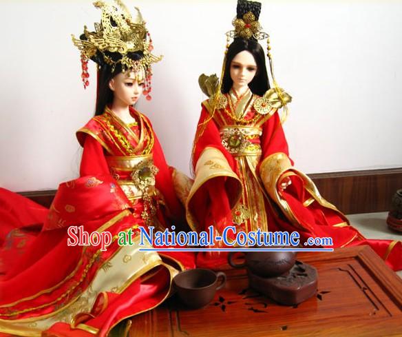 Ancient Chinese Wedding Dresses and Hair Accessories Two Complete Sets for Brides and Bridegrooms