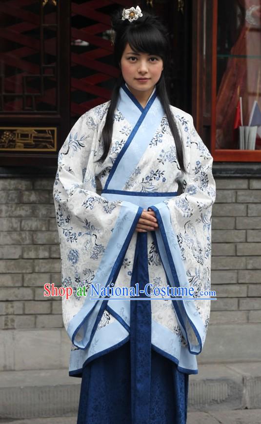 Ancient Chinese Blue Flower Princess Clothing Complete Set