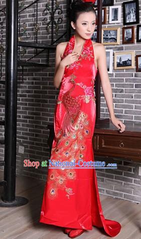 Lucky Red Chinese Wedding Phoenix Evening Dress